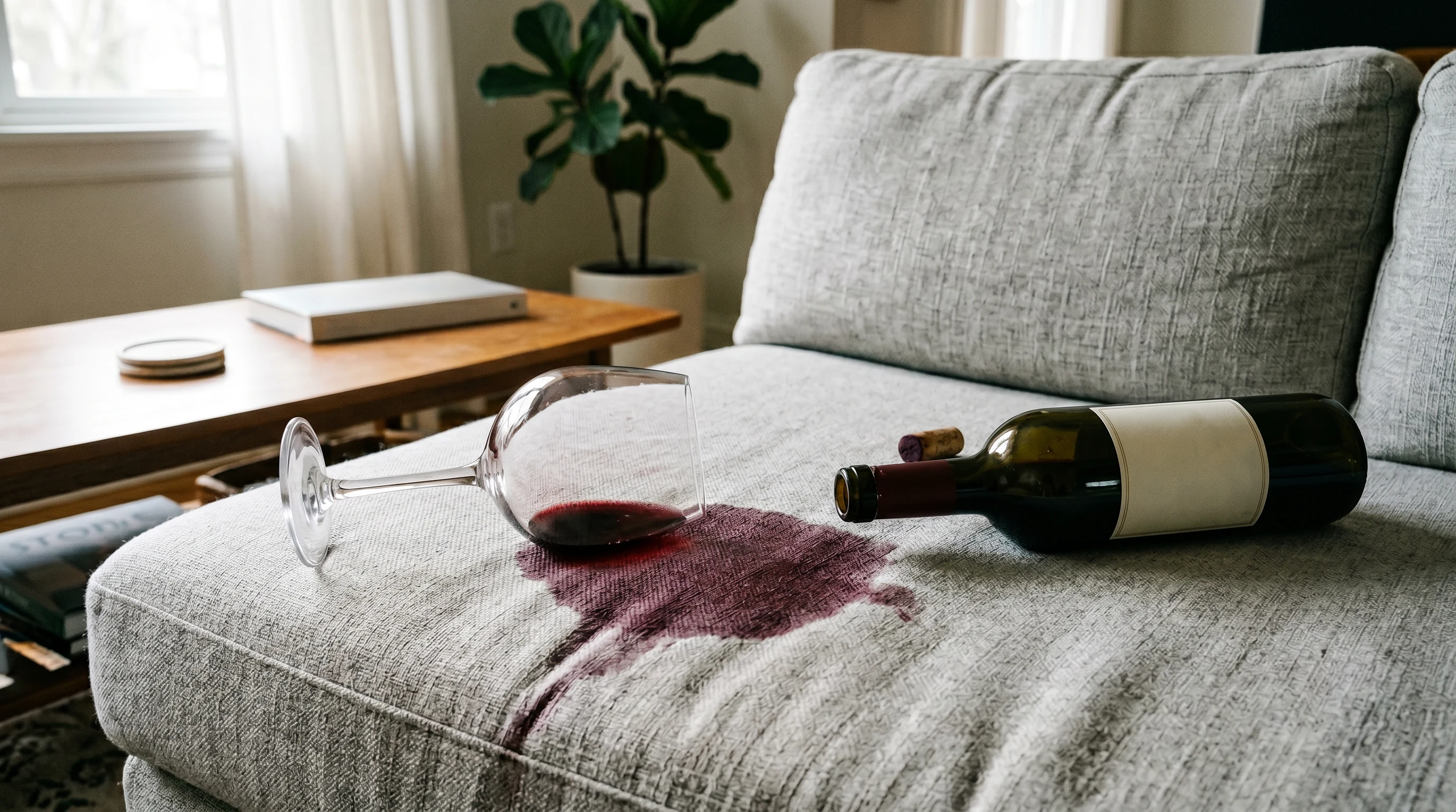 A glass of red wine spilled on a light colored carpet